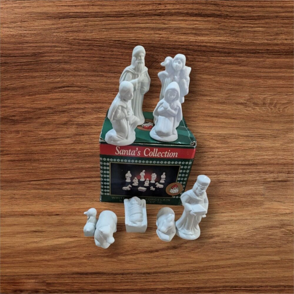 Santas Collection white Bisque Porcelain Nativity‎ Figurine set of 9 Christmas